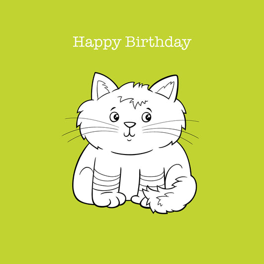 Happy Birthday Green Cat Cartoon Card